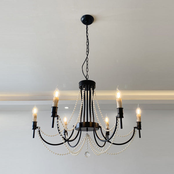 antiqued ivory wood beaded iron chandelier