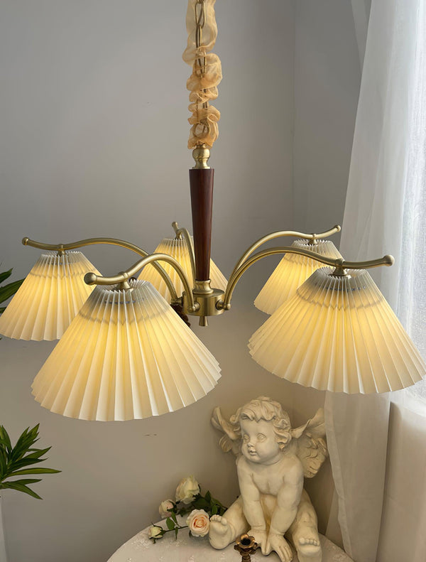 beige pleated fabric brass ash wood chandelier
