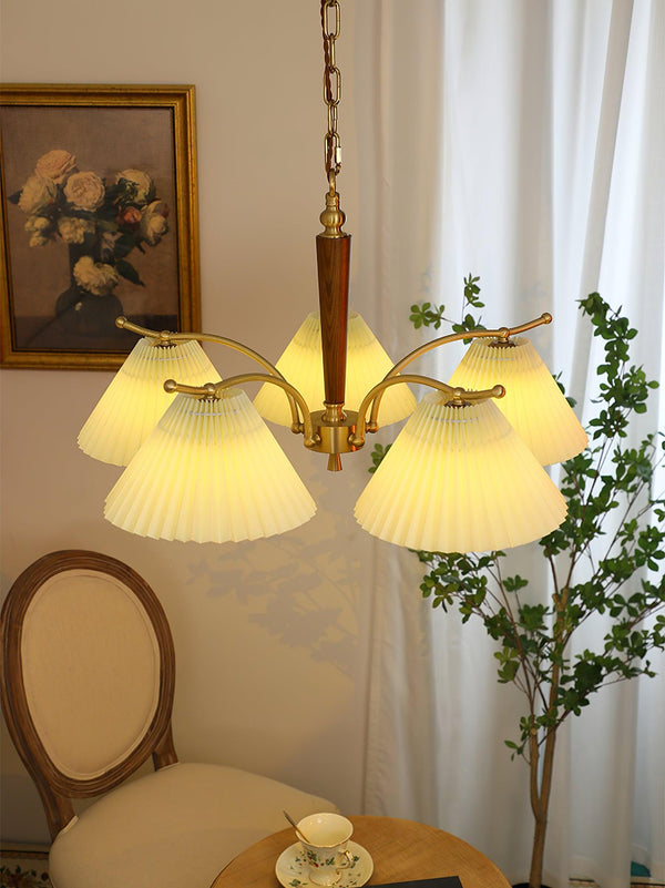 beige pleated fabric brass ash wood chandelier