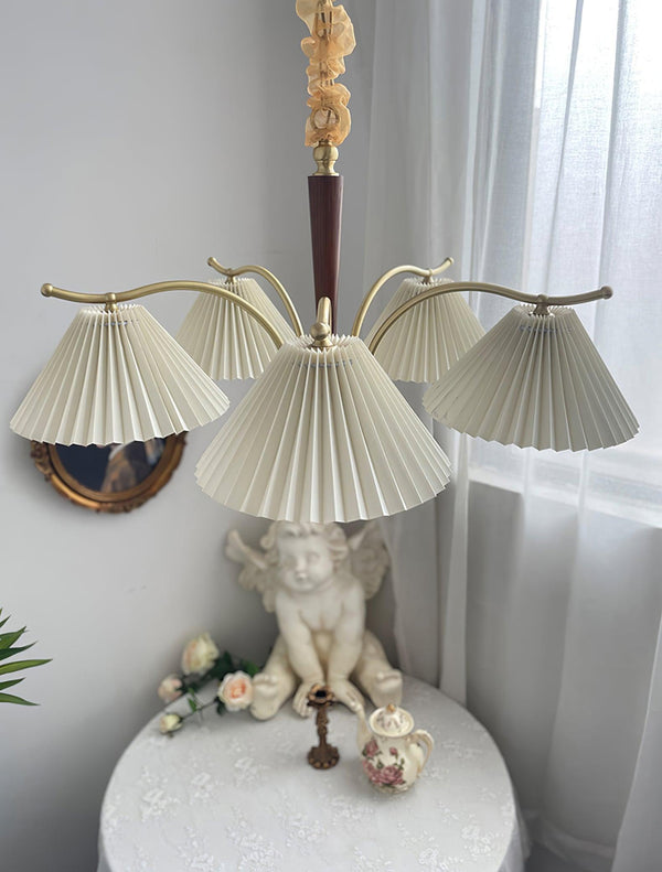 beige pleated fabric brass ash wood chandelier