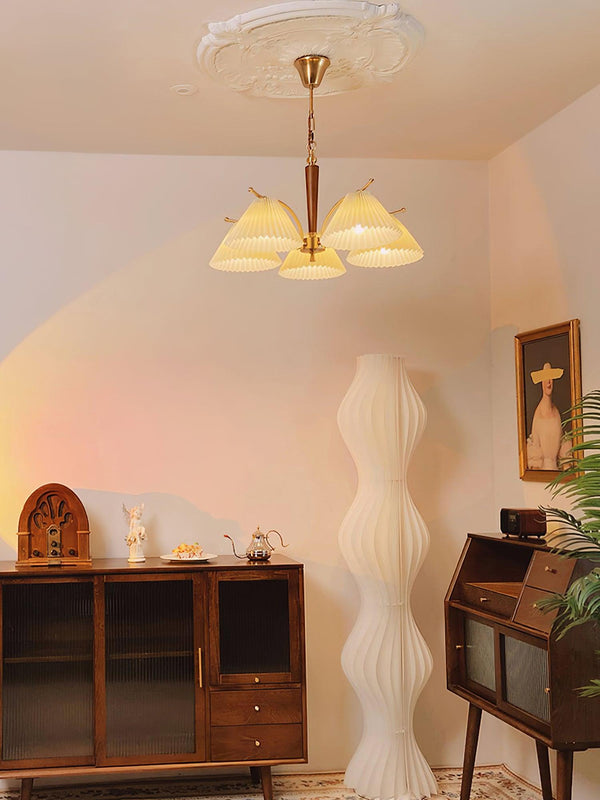 beige pleated fabric brass ash wood chandelier