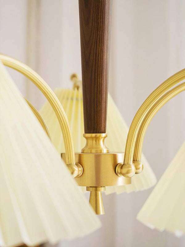 beige pleated fabric brass ash wood chandelier