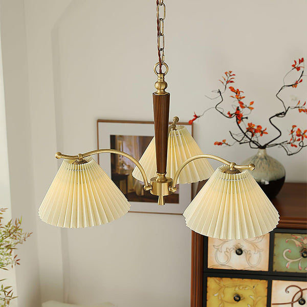 beige pleated fabric brass ash wood chandelier