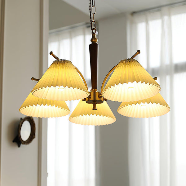 beige pleated fabric brass ash wood chandelier