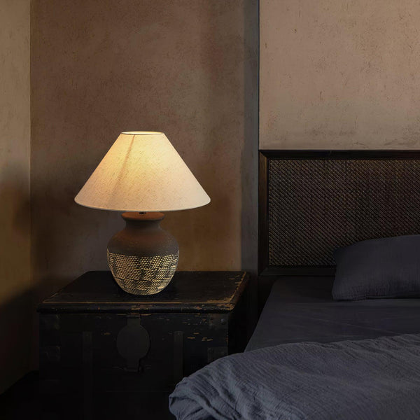black ceramic table lamp beige fabric shade bedside reading