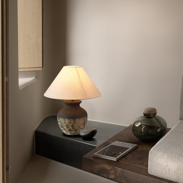 black ceramic table lamp beige fabric shade bedside reading
