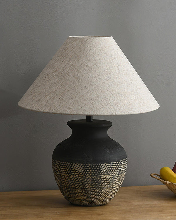 black ceramic table lamp beige fabric shade bedside reading