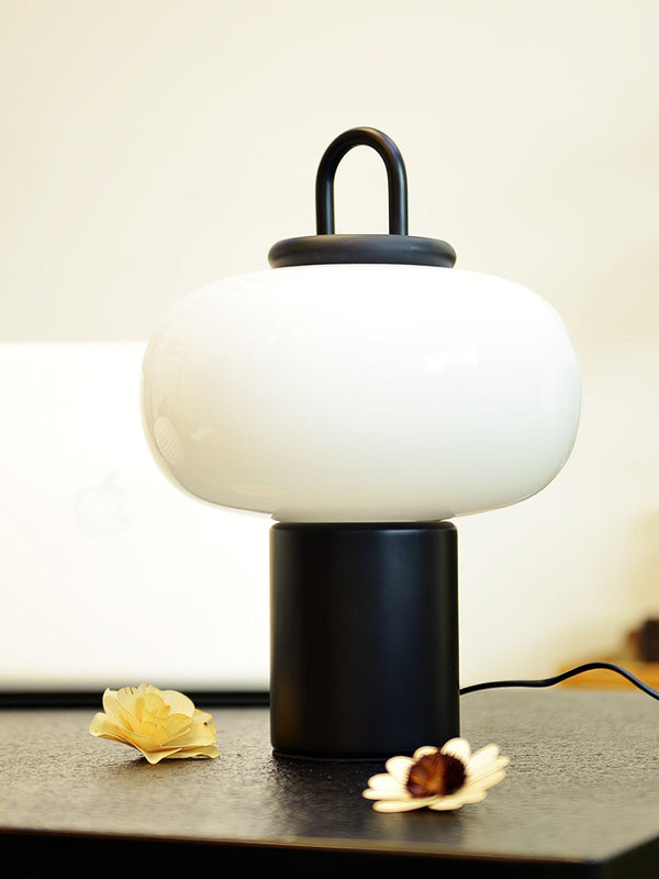 black metal glass table lamp with handle for bedside reading