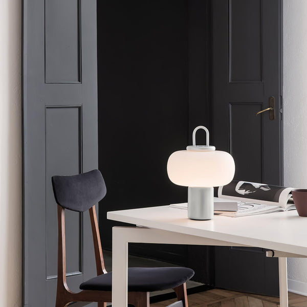black metal glass table lamp with handle for bedside reading