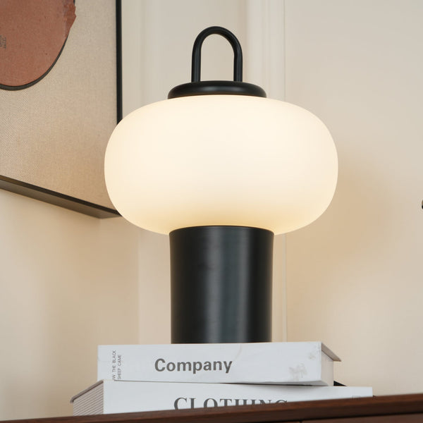 black metal glass table lamp with handle for bedside reading