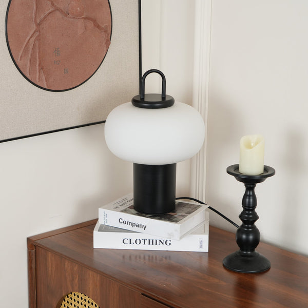 black metal glass table lamp with handle for bedside reading
