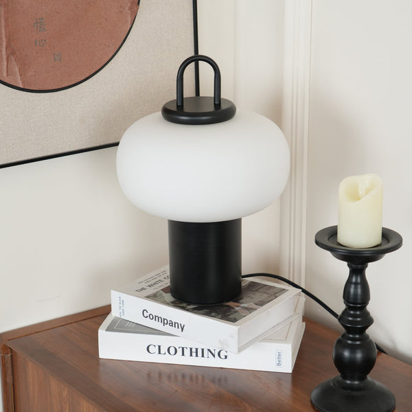black metal glass table lamp with handle for bedside reading