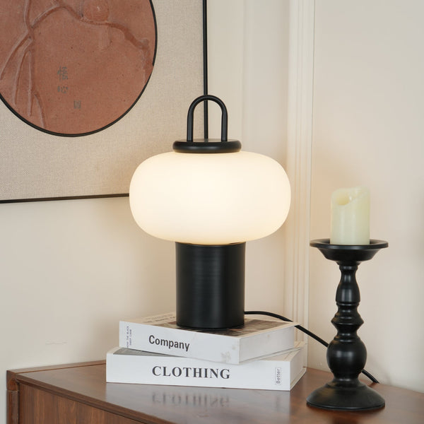 black metal glass table lamp with handle for bedside reading