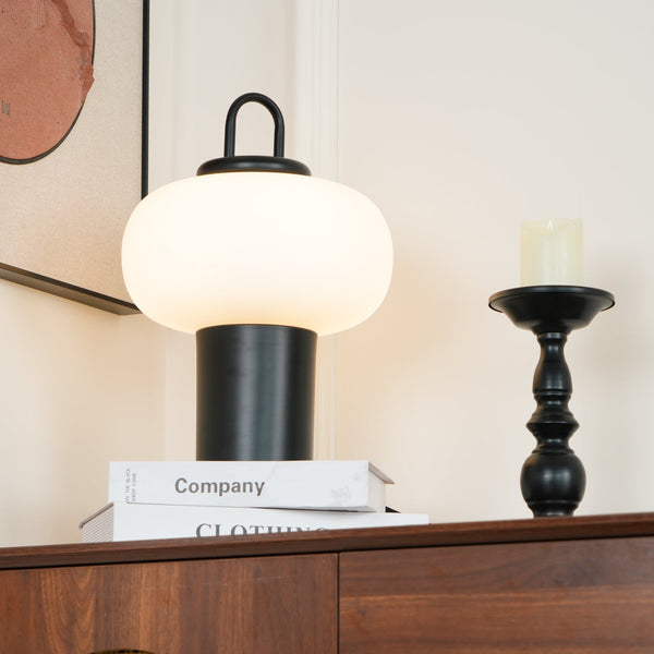 black metal glass table lamp with handle for bedside reading