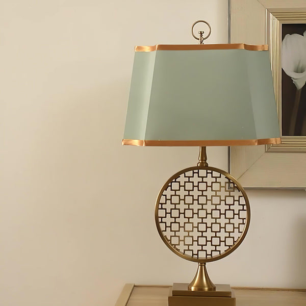 blue fabric shade gold table lamp for bedroom reading nook