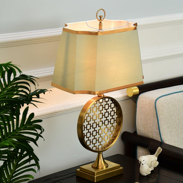 blue fabric shade gold table lamp for bedroom reading nook