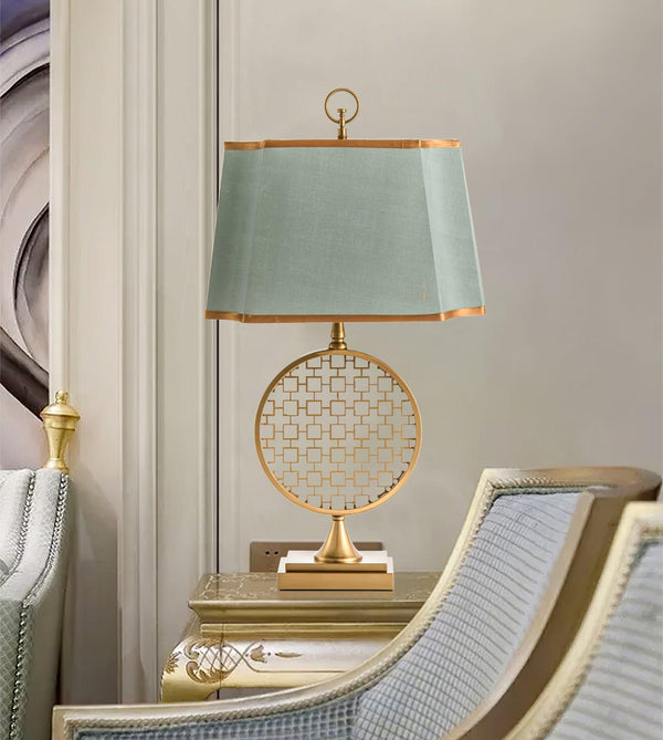 blue fabric shade gold table lamp for bedroom reading nook