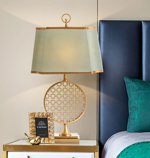 blue fabric shade gold table lamp for bedroom reading nook