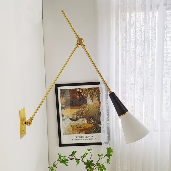 brass swing arm wall lamp with aluminum shade for bedroom and reading nook