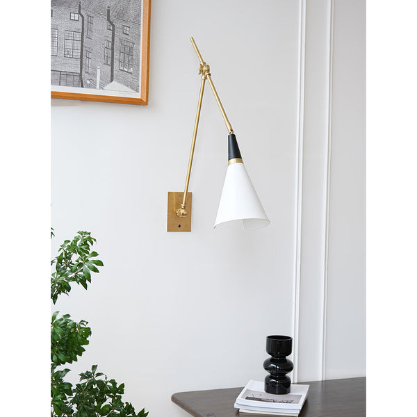 brass swing arm wall lamp with aluminum shade for bedroom and reading nook