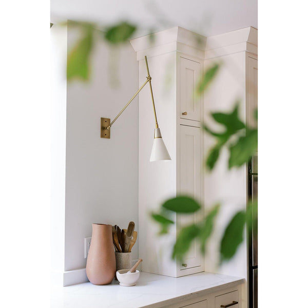 brass swing arm wall lamp with aluminum shade for bedroom and reading nook