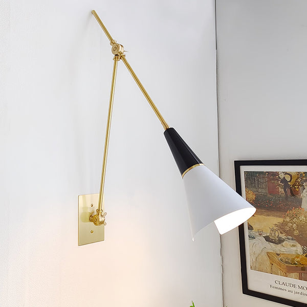 brass swing arm wall lamp with aluminum shade for bedroom and reading nook