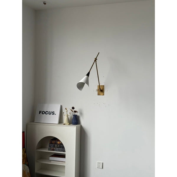 brass swing arm wall lamp with aluminum shade for bedroom and reading nook