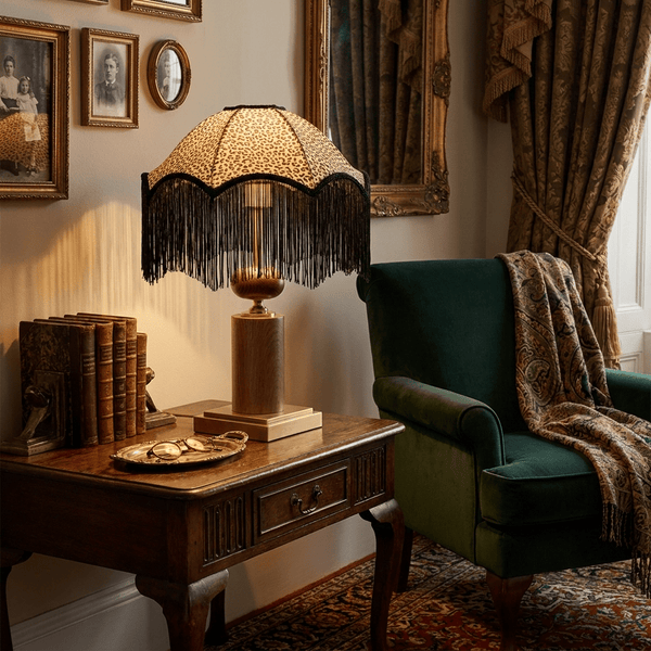 contemporary walnut brass leopard fringe table lamp