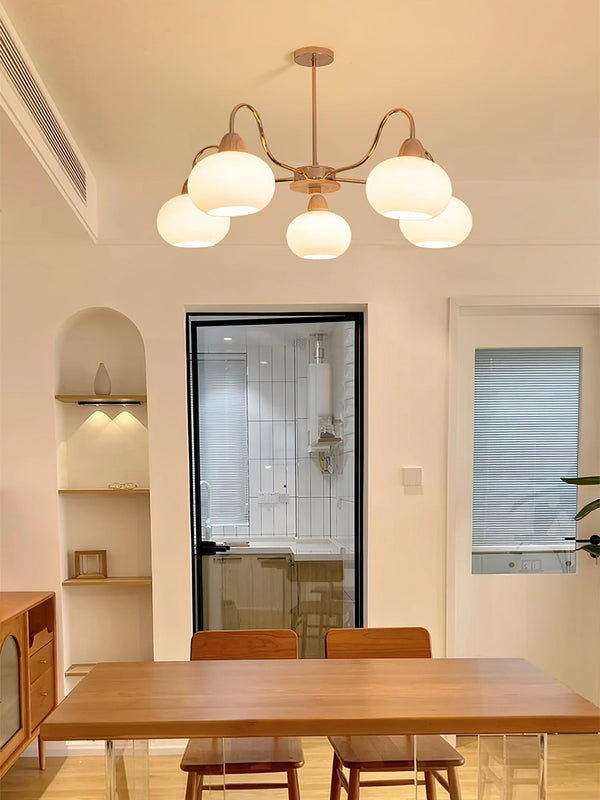 cream glass persimmon chandelier gold wood dining room