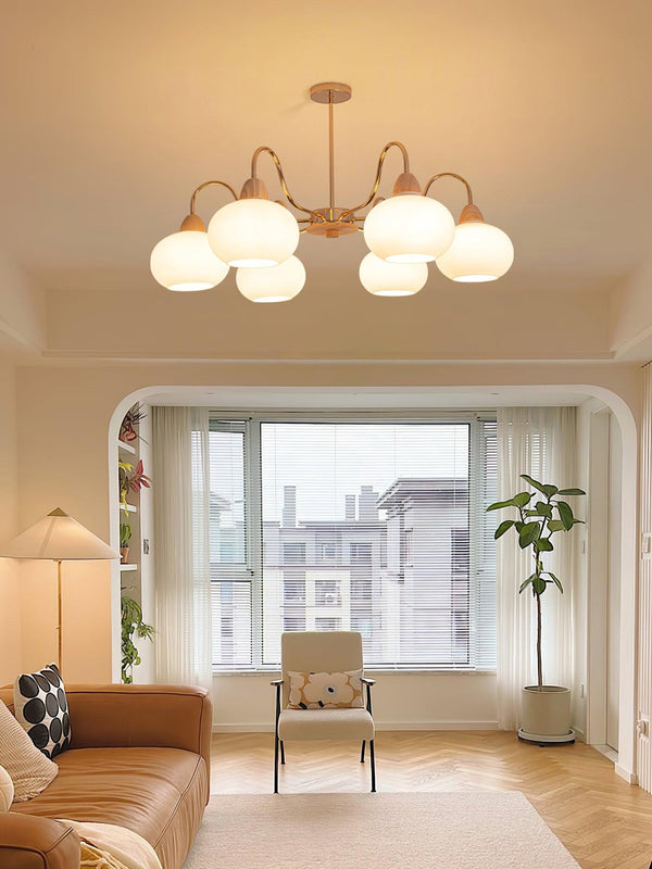 cream glass persimmon chandelier gold wood dining room