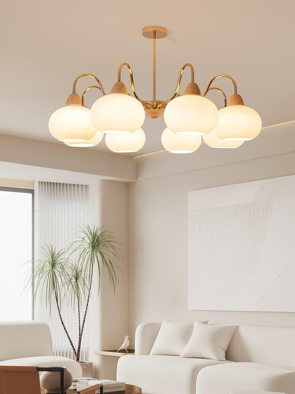 cream glass persimmon chandelier gold wood dining room