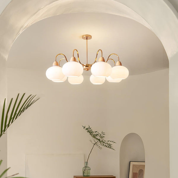 cream glass persimmon chandelier gold wood dining room