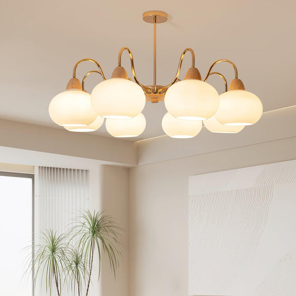cream glass persimmon chandelier gold wood dining room