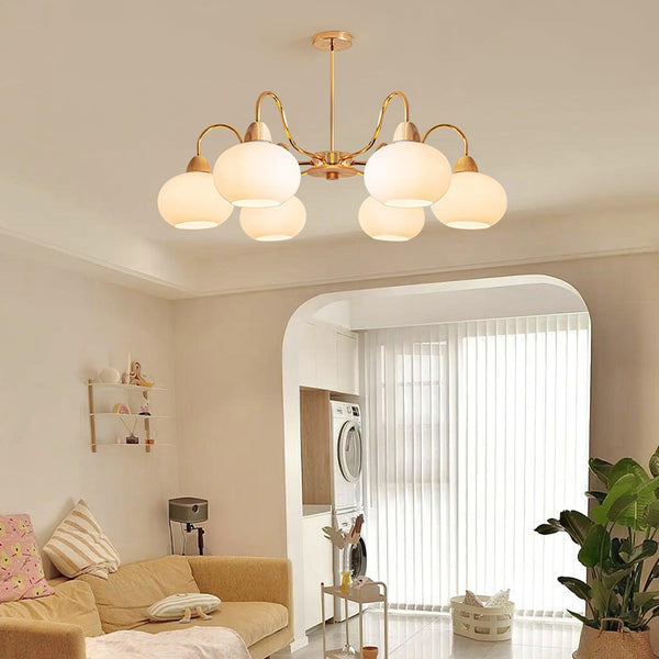 cream glass persimmon chandelier gold wood dining room