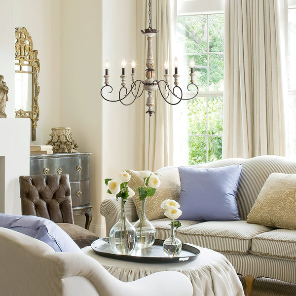 farmhouse distressed white wood 6 light chandelier