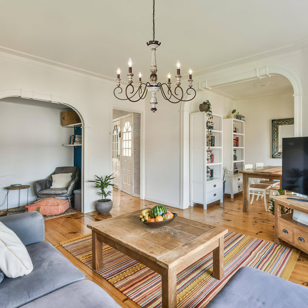 farmhouse distressed white wood 6 light chandelier