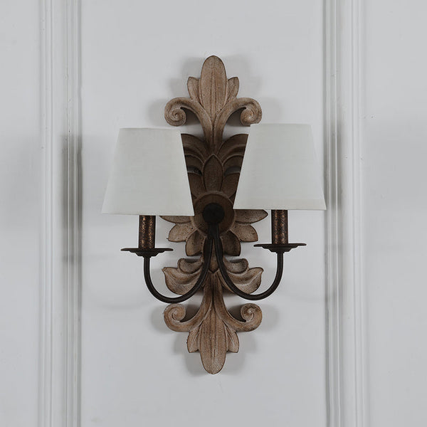 farmhouse distressed white wood fabric wall sconce