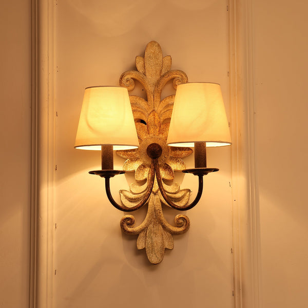 farmhouse distressed white wood fabric wall sconce