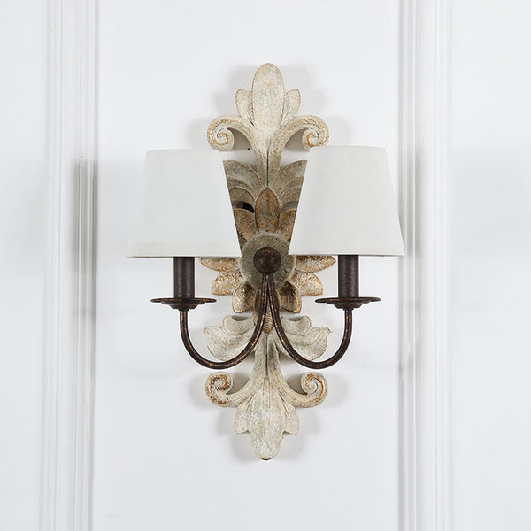 farmhouse distressed white wood fabric wall sconce