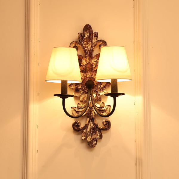 farmhouse distressed white wood fabric wall sconce