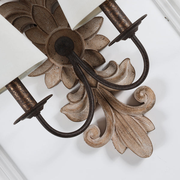 farmhouse distressed white wood fabric wall sconce