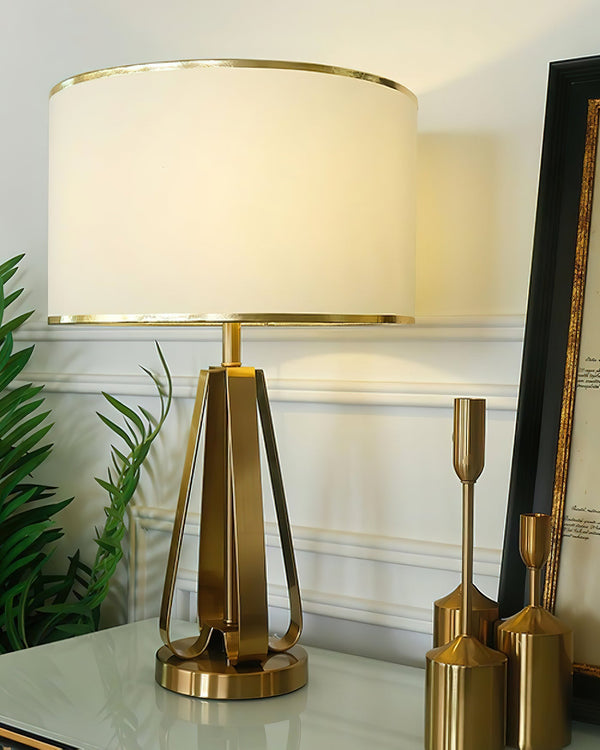 gold iron table lamp white fabric drum shade bedroom living room