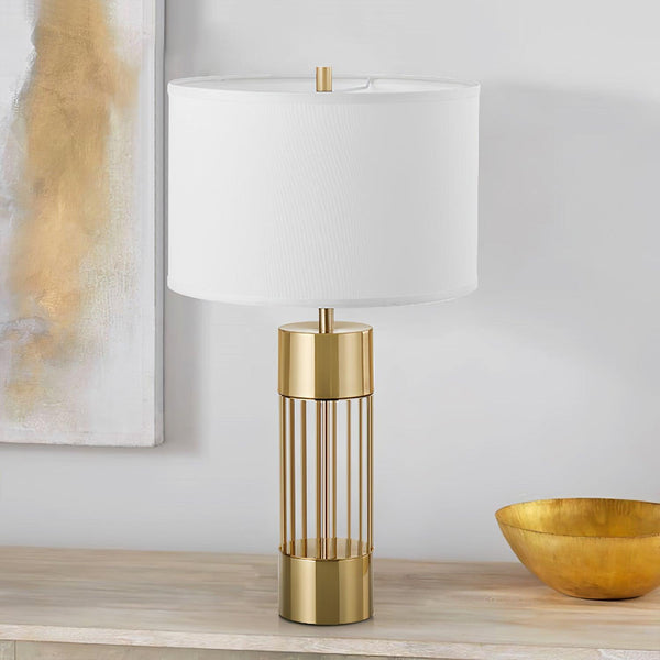gold metal table lamp white fabric drum shade bedroom living room