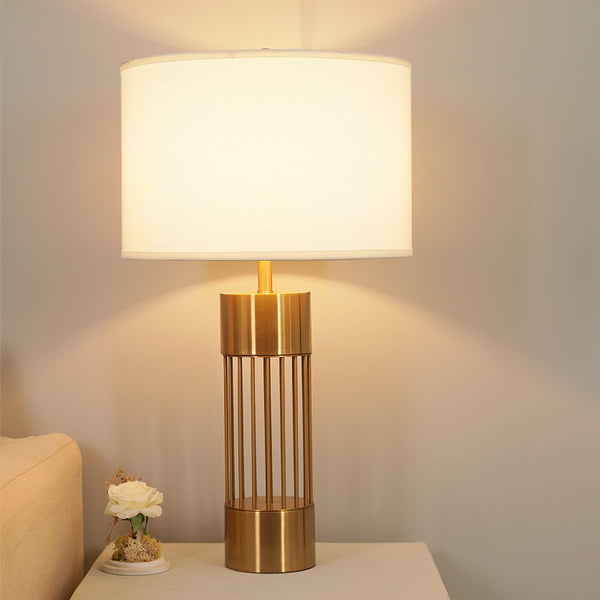 gold metal table lamp white fabric drum shade bedroom living room