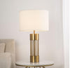 gold metal table lamp white fabric drum shade bedroom living room