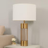 gold metal table lamp white fabric drum shade bedroom living room