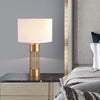 gold metal table lamp white fabric drum shade bedroom living room