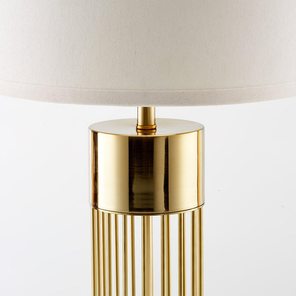 gold metal table lamp white fabric drum shade bedroom living room