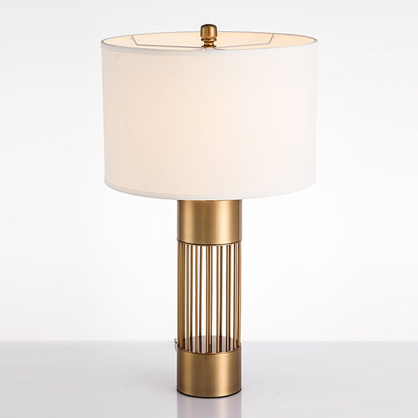 gold metal table lamp white fabric drum shade bedroom living room