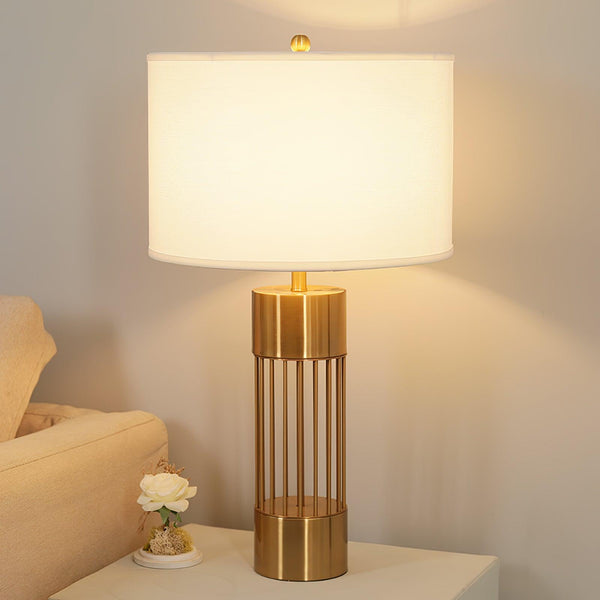 gold metal table lamp white fabric drum shade bedroom living room
